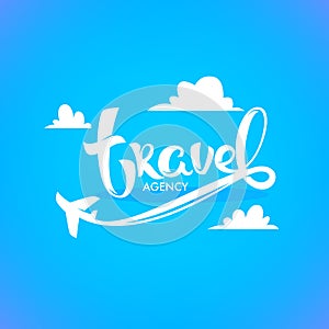 Travel Agency Lettering Logo with White Clouds and Plain on Blue