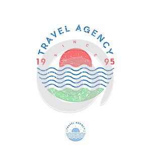 Travel agency logo. Travel agency emblems. The sun, waves, green coast and letters in the circle. Scrapes image.