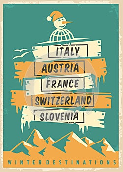 Travel agency retro promo poster design with popular winter destinations photo