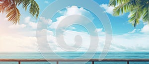 travel agency summer banner with copy space for text. Palms and tropical sea view, blue cloudy sky. empty space for