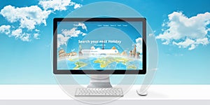 Travel agency website concept on computer display. Search destinations and vacations online