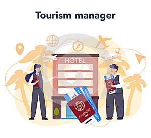 Travel agent concept. Office worker selling tour, cruise, airway