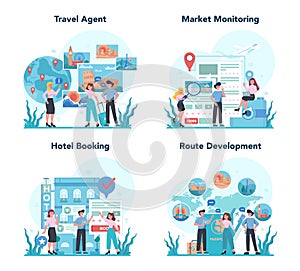 Travel agent concept set. Office worker selling tour, cruise, airway