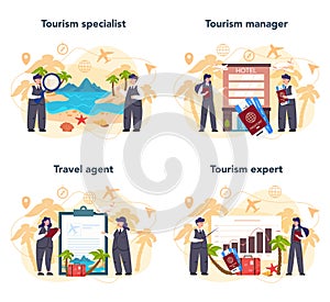 Travel agent concept set. Office worker selling tour, cruise, airway