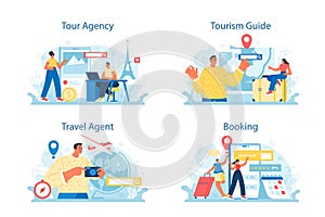 Travel agent concept set. Tourism specialist selling tour, cruise, airway