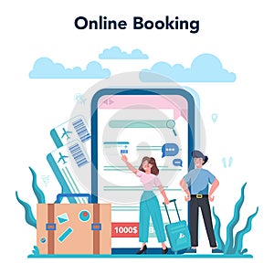 Travel agent online service or platform. Office worker selling tour