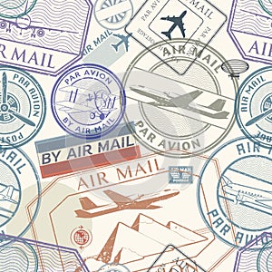 Travel or air mail grunge rubber stamps set, seamless pattern