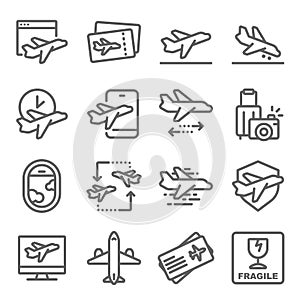 Travel with airplane icons set vector illustration. Contains such icon as Ticket, Itinerary, Booking, Departure, Arrival and more.