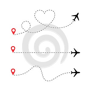 Travel Airplane route vector set. Romantic travel. Heart dashed line flight path