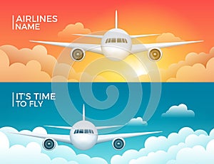 Travel airplane tourism vector banner design. World trip vacation background. Aircraft flight design concept