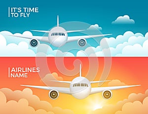 Travel airplane tourism vector banner design. World trip vacation background. Aircraft illustration