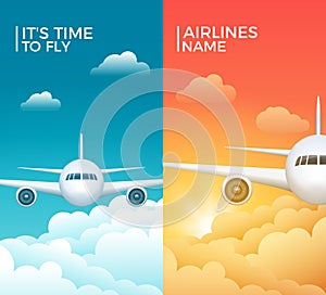 Travel airplane tourism vector banner design. World trip vacation background. Aircraft illustration