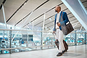 Travel, airport and bag with a business black man walking in a terminal for global success. Manager, mockup and flight