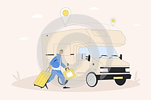 Travel alone. Man with caravan, camper trailer. Road trip weekend. Summer holiday journey. Vector flat illustration