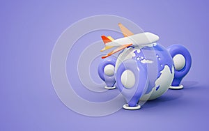 Travel around the world Airplane flying on globe map and point the location marker 3d render