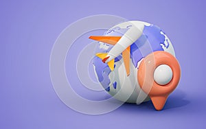 Travel around the world Airplane flying on globe map and point the location marker 3d render