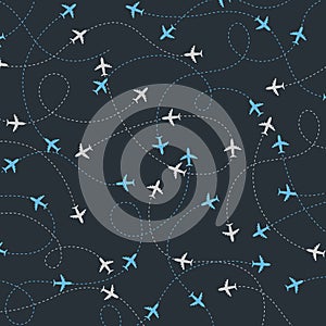 Travel around the world airplane routes seamless pattern