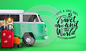 Travel Around the World Banner with 3D Realistic Travelling Van Car and Luggage Bag