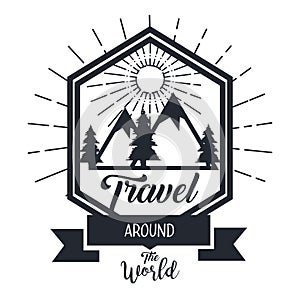 travel around the world card with hand drawn lettering phrase