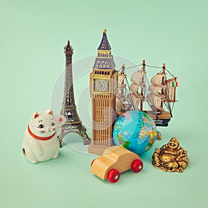 Travel around the world concept. Souvenir form around the world. Retro filter effect