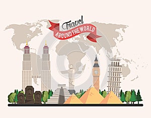 Travel around the world design with set monuments