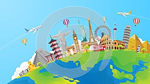 travel around the world with landmark on earth. Famous landmarks in global. vector illustration modern flat design. Tourism