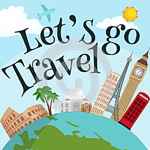 Travel around the world poster. Tourism and vacation, earth world, journey global, vector illustration. World travel