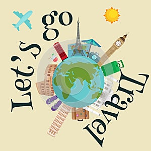 Travel around the world poster. Tourism and vacation, earth world, journey global, vector illustration. World travel