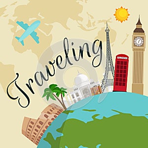 Travel around the world poster. Tourism and vacation, earth world, journey global, vector illustration. World travel