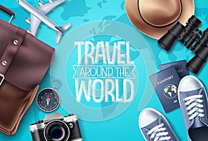 Travel around world vector design. Travel text in map empty space with traveler elements