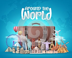 Travel around the world vector design. Travelling suitcase bag and famous landmarks around the world