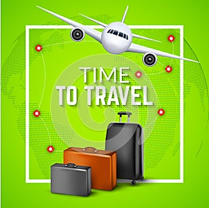 Travel background with airplane and suitcases. World travel banner flyer design. Vacation concept