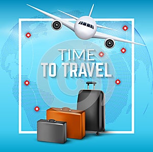 Travel background with airplane and suitcases. World travel banner flyer design. Vacation concept