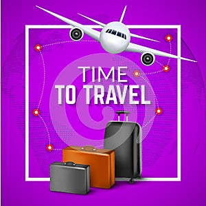 Travel background with airplane and suitcases. World travel banner flyer design. Vacation concept