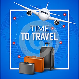 Travel background with airplane and suitcases. World travel banner flyer design. Vacation concept