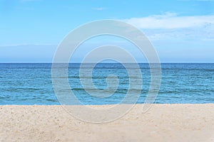 Travel background concept. Landscape picture of blue sea with sand on the beach and blue sky and clouds. Natural and environment.