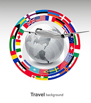 Travel background. Globe with a plane and a circle of flags