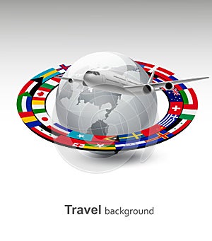 Travel background. Globe with a plane and a strip of flags.