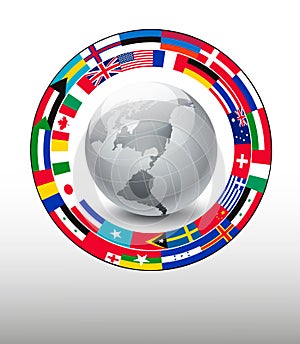 Travel background. Globe with a strip of flags.