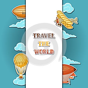 Travel background with retro air transport. Vintage aerostat airship, blimp and plain in cloudy sky