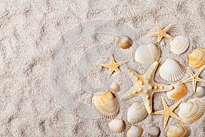 Travel background from sandy beach decorated with starfish and seashell. Top view.