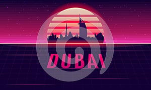 Travel background vectors illustrations, Futuristic retro skyline Dubai