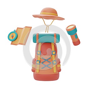 Travel backpack with camping equipment,hiking hat,flashlight,map and compass,summer camp concept,3d rendering