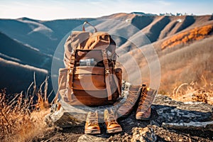 travel backpack with hiking boots on a scenic mountain terrain trail background. Generative AI