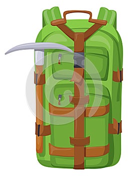 Travel backpack with mountain climbing equipment. Trekking equipment
