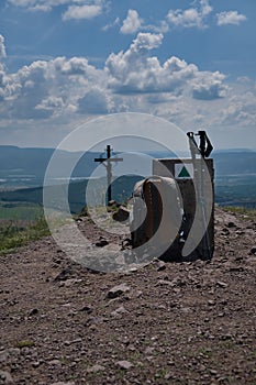 Travel backpack on a rock , morning mountain landscape.