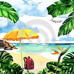 Travel backpack under umbrella on paradise island with palm trees, flying airplane on sky, summer time, vacation and