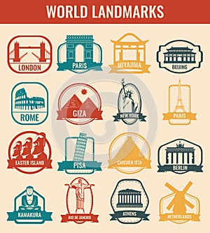 Travel badges and labels. World famous landmarks. Travel and Tourism concept. Vector