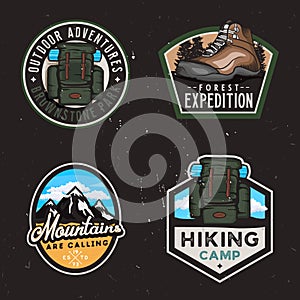 Travel badges and stickers with hike themed design elemets