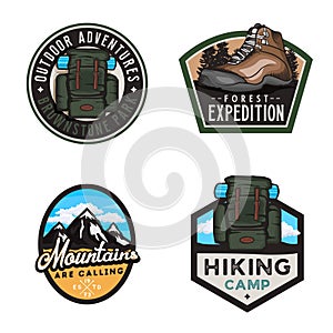 Travel badges and stickers with hike themed design elemets